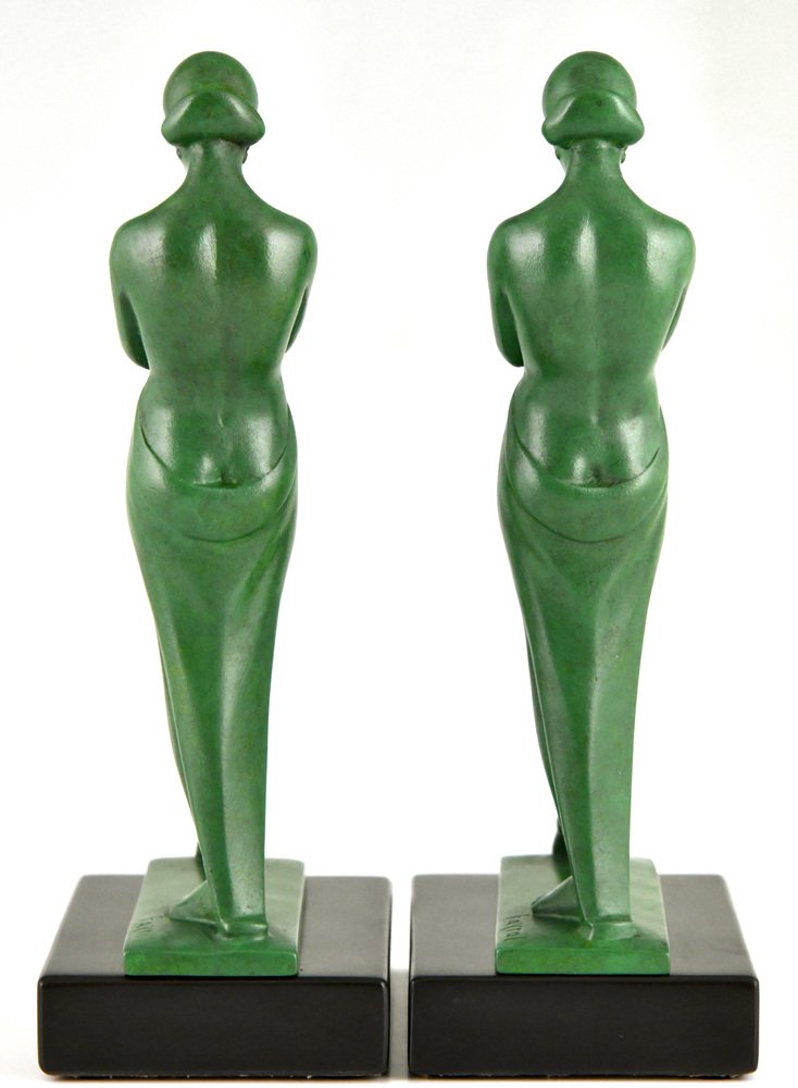 Art Deco Bookends with Standing Nudes by Fayral for Max Le Verrier, 1930s, Set of 2