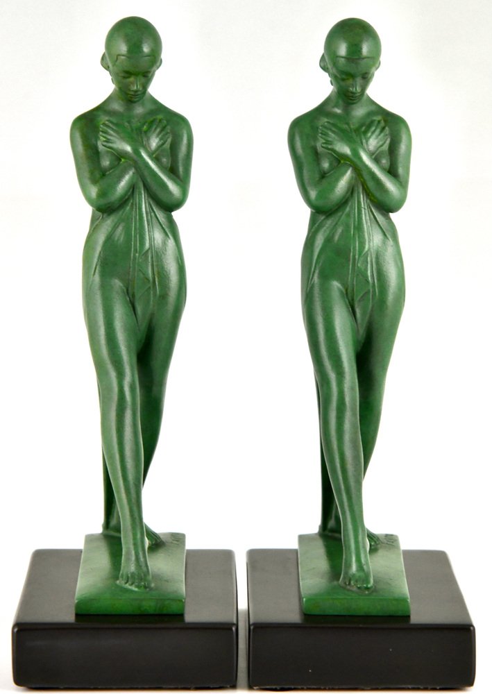 Art Deco Bookends with Standing Nudes by Fayral for Max Le Verrier, 1930s, Set of 2