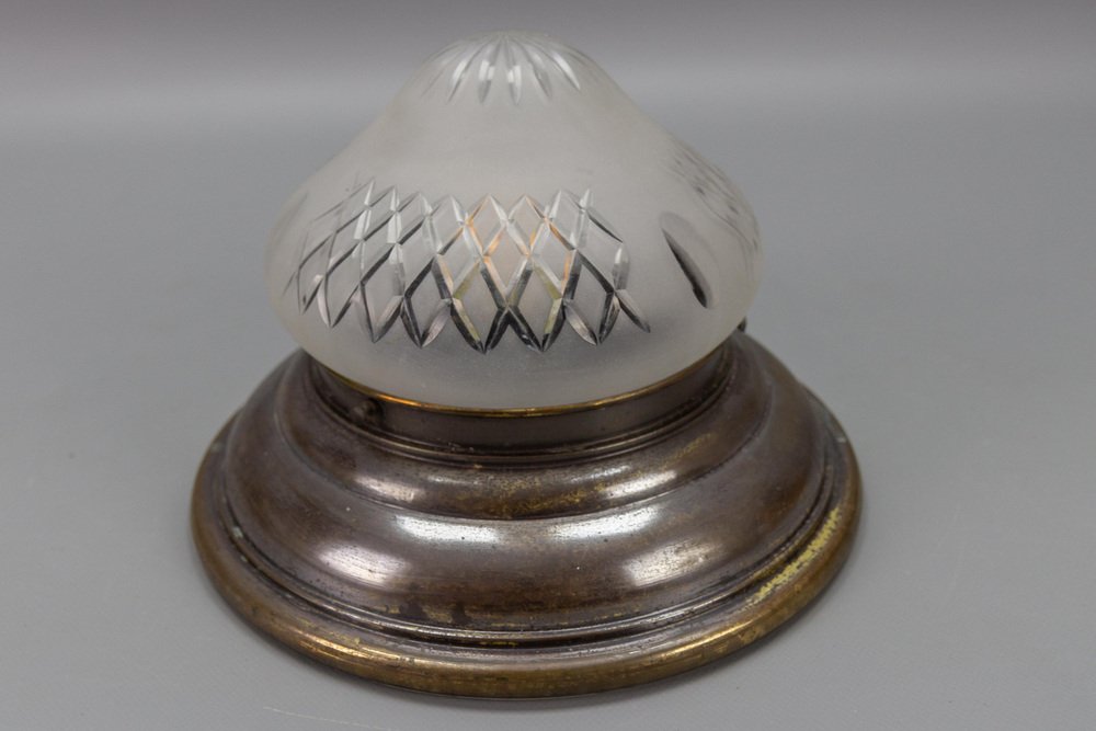 Art Deco Brass and Cut White Frosted Glass Flush Mount, 1930