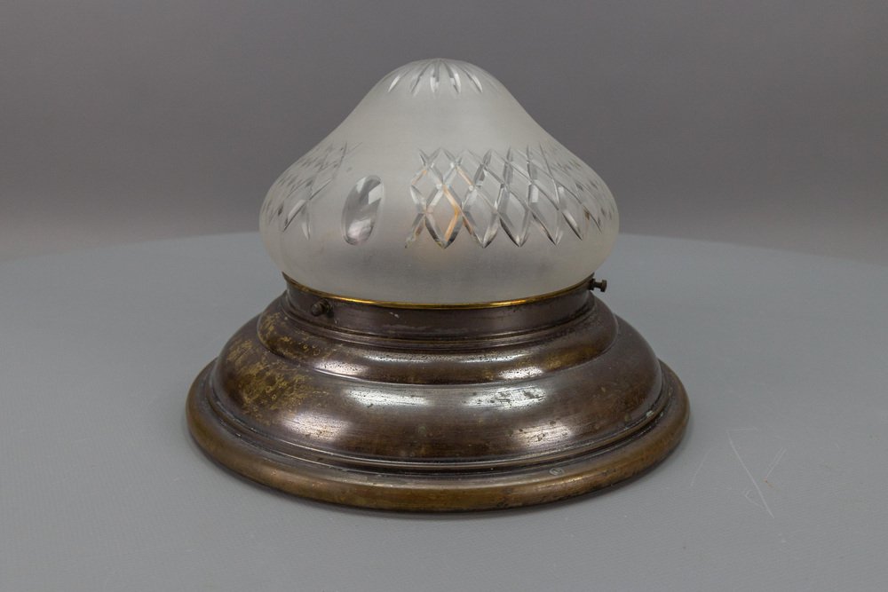 Art Deco Brass and Cut White Frosted Glass Flush Mount, 1930