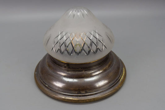 Art Deco Brass and Cut White Frosted Glass Flush Mount, 1930