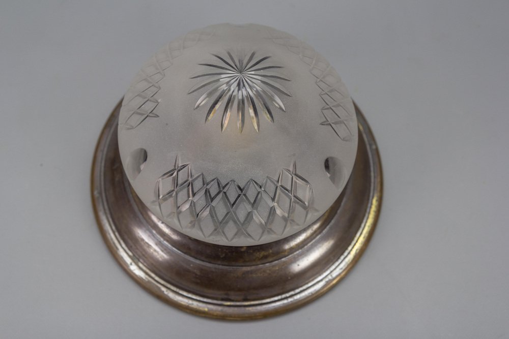 Art Deco Brass and Cut White Frosted Glass Flush Mount, 1930