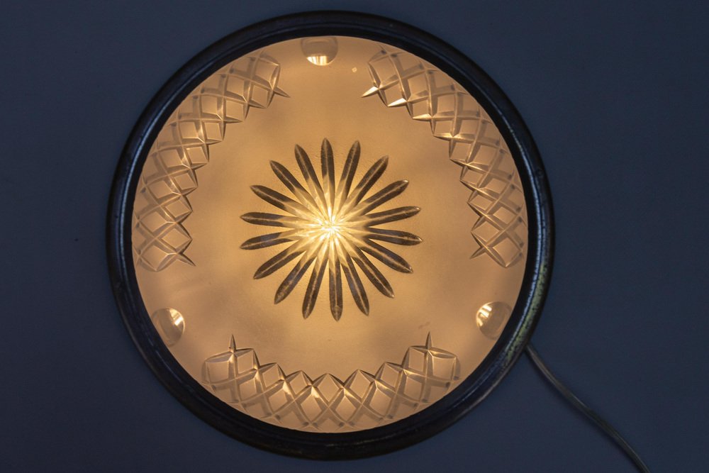 Art Deco Brass and Cut White Frosted Glass Flush Mount, 1930