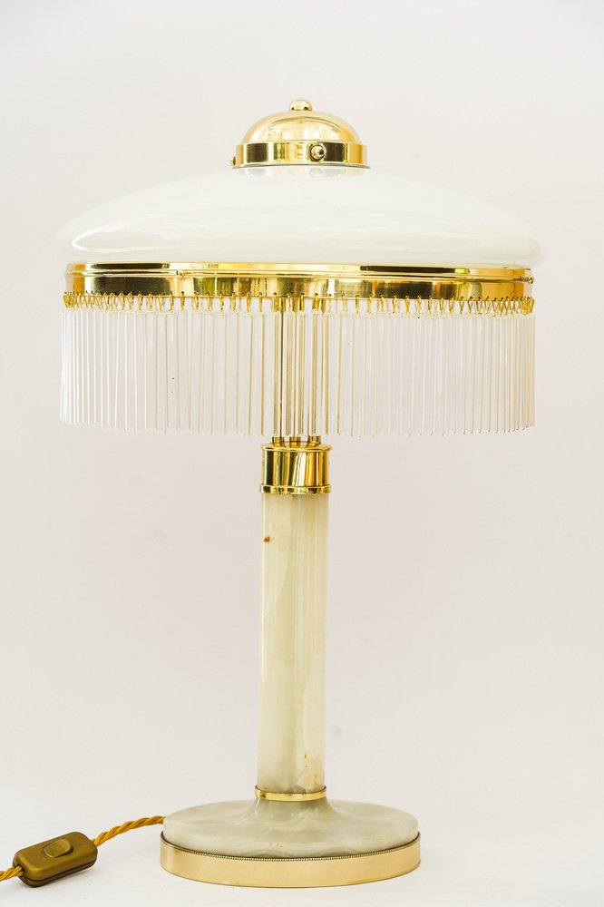 Art Deco Brass and Marble Table Lamp with Opal Glass Shade and Glass Sticks, 1920s