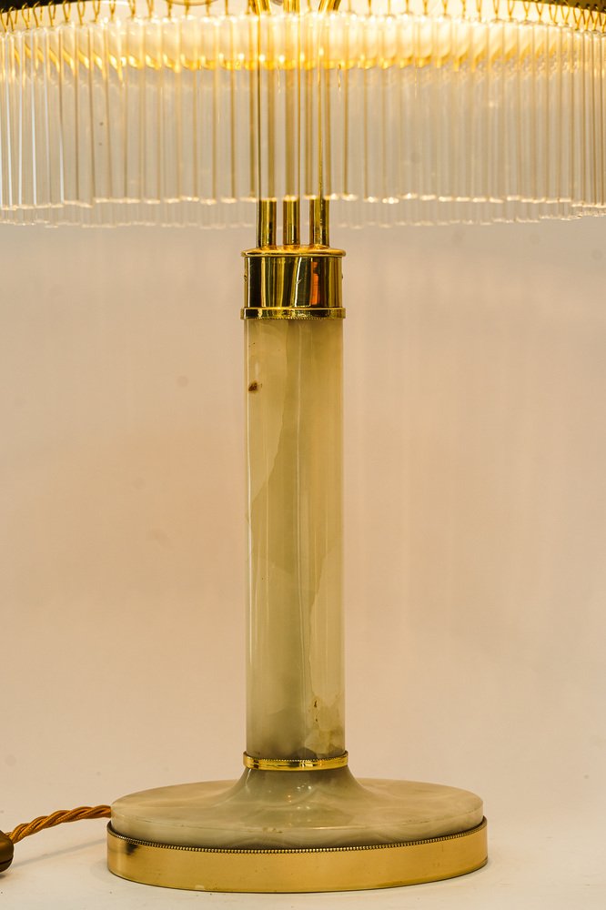 Art Deco Brass and Marble Table Lamp with Opal Glass Shade and Glass Sticks, 1920s