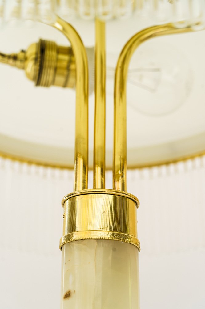 Art Deco Brass and Marble Table Lamp with Opal Glass Shade and Glass Sticks, 1920s