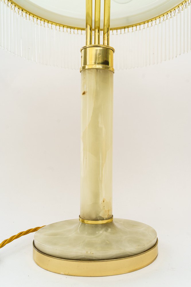 Art Deco Brass and Marble Table Lamp with Opal Glass Shade and Glass Sticks, 1920s