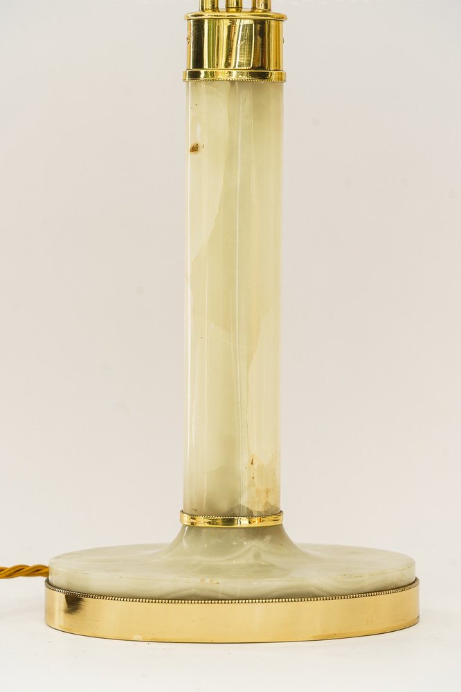 Art Deco Brass and Marble Table Lamp with Opal Glass Shade and Glass Sticks, 1920s