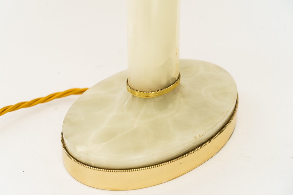 Art Deco Brass and Marble Table Lamp with Opal Glass Shade and Glass Sticks, 1920s