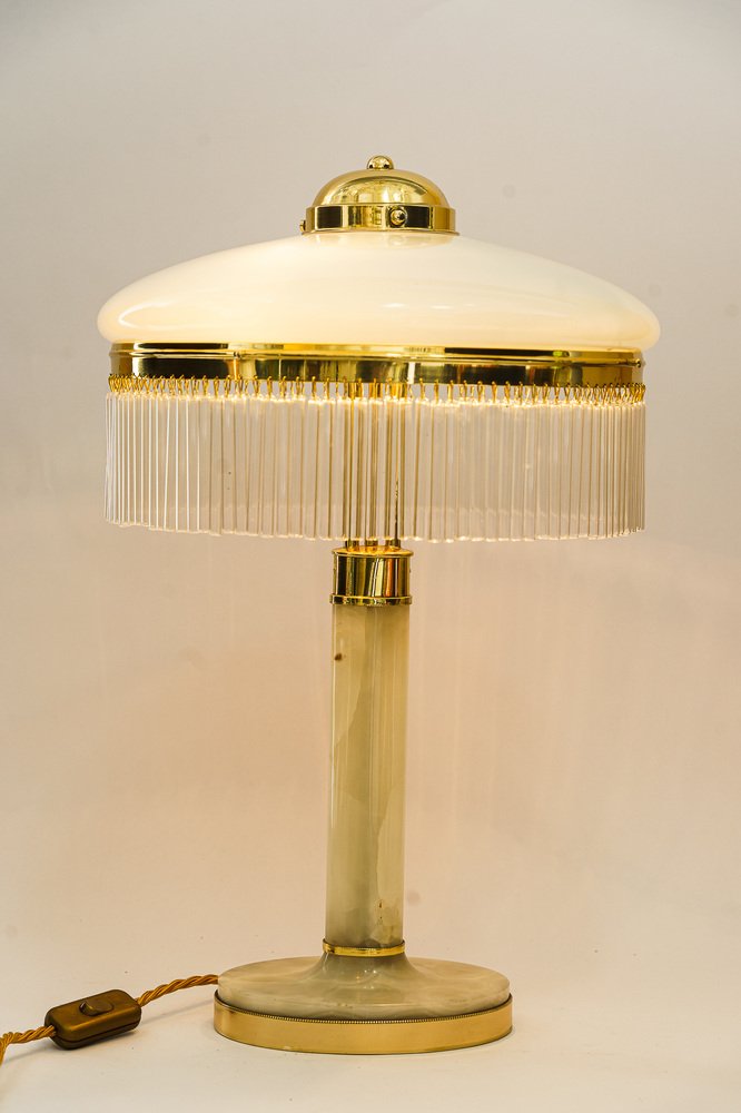 Art Deco Brass and Marble Table Lamp with Opal Glass Shade and Glass Sticks, 1920s