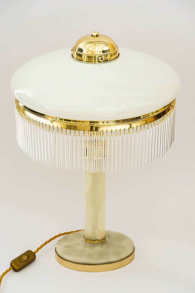 Art Deco Brass and Marble Table Lamp with Opal Glass Shade and Glass Sticks, 1920s