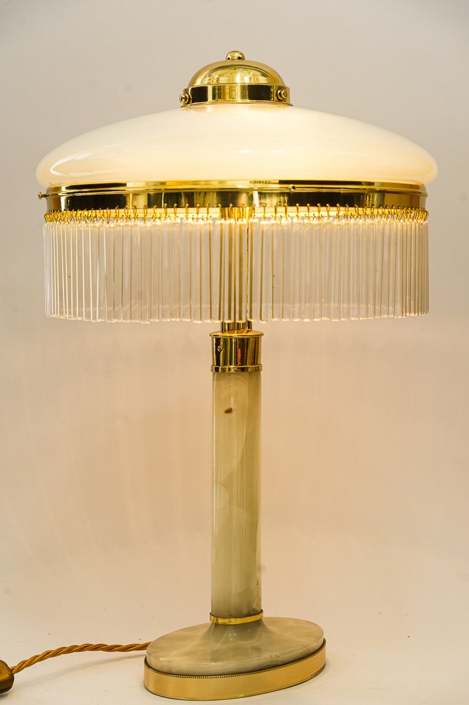 Art Deco Brass and Marble Table Lamp with Opal Glass Shade and Glass Sticks, 1920s