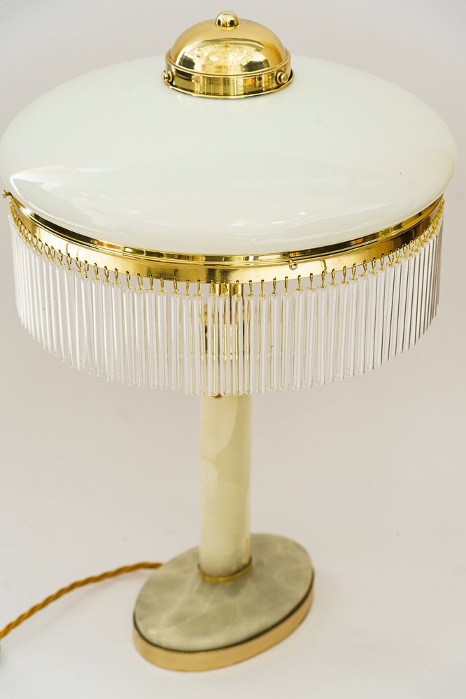 Art Deco Brass and Marble Table Lamp with Opal Glass Shade and Glass Sticks, 1920s