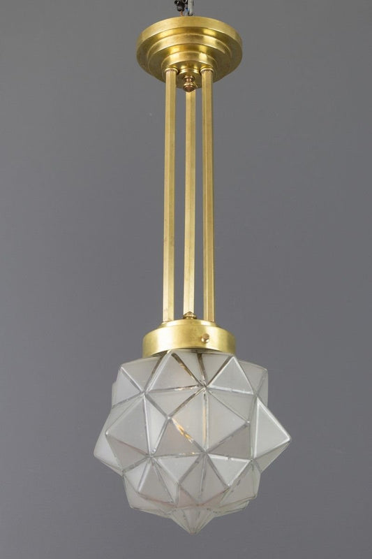 Art Deco Brass and White Frosted Glass Pendant Light