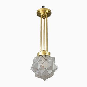 Art Deco Brass and White Frosted Glass Pendant Light-KEG-741298