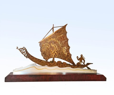 Art Deco Brass Boat Sculpture by L. Gerfaux-AWH-958951