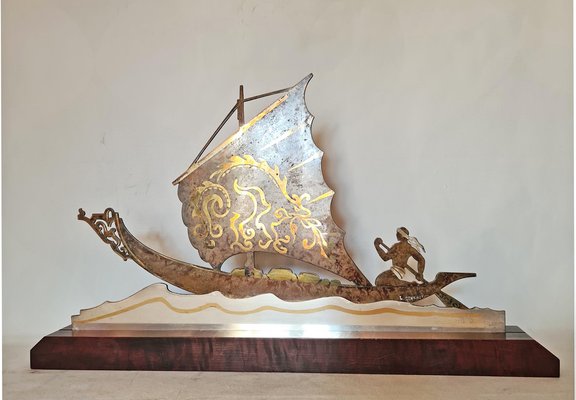 Art Deco Brass Boat Sculpture by L. Gerfaux-AWH-958951