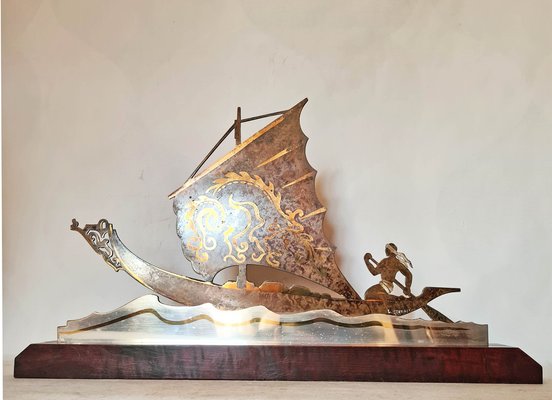 Art Deco Brass Boat Sculpture by L. Gerfaux-AWH-958951