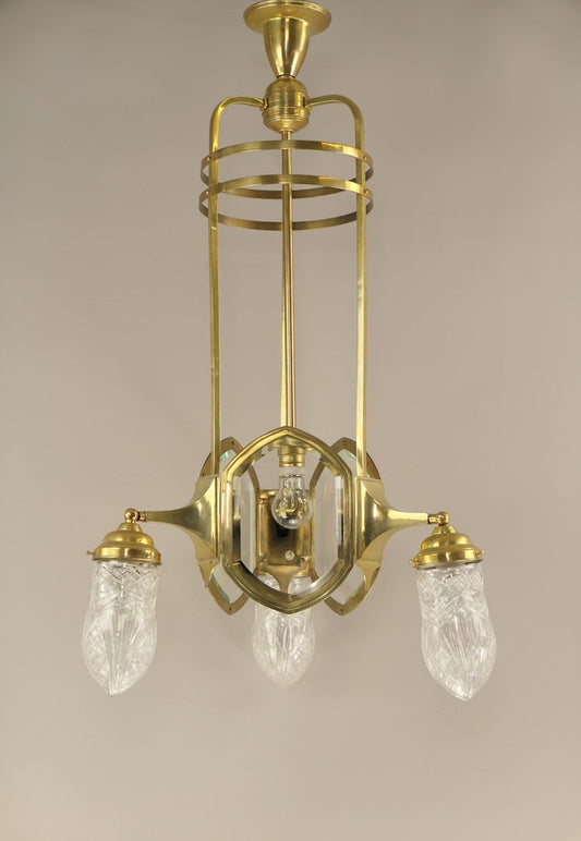 Art Deco Brass Chandelier with Lead Crystal Shades, 1920s