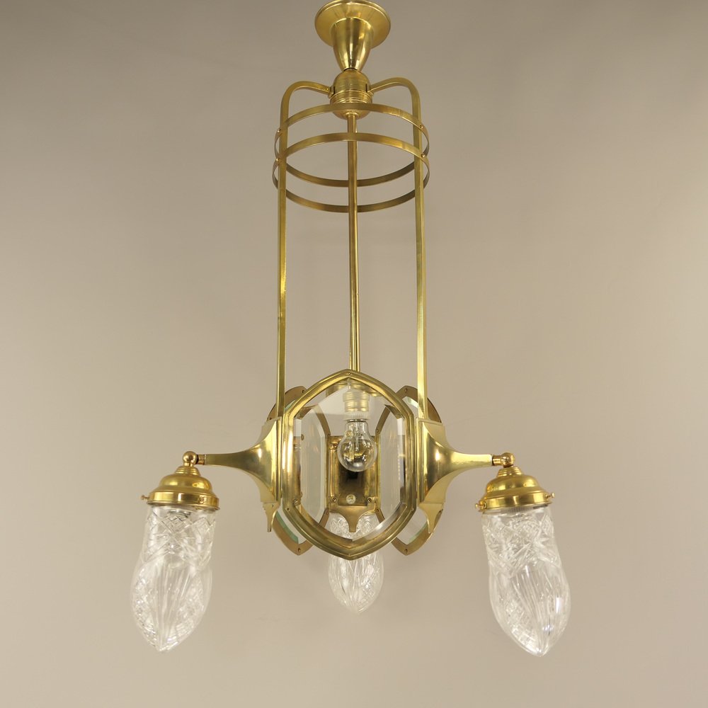 Art Deco Brass Chandelier with Lead Crystal Shades, 1920s