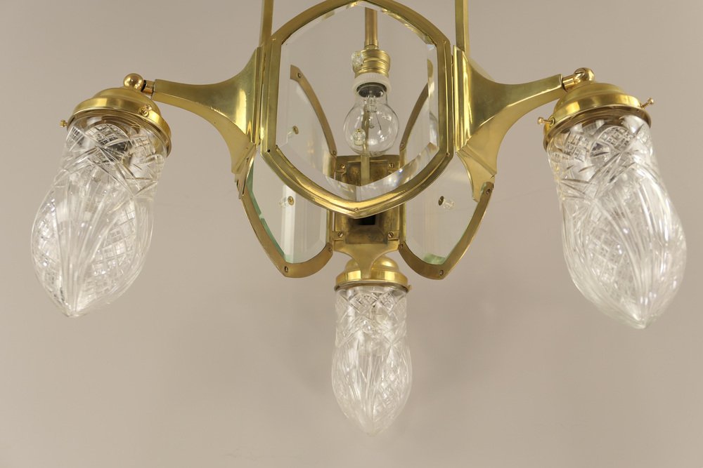 Art Deco Brass Chandelier with Lead Crystal Shades, 1920s