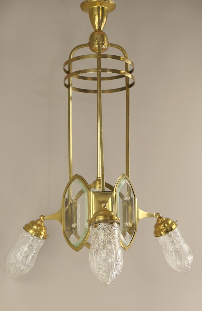 Art Deco Brass Chandelier with Lead Crystal Shades, 1920s