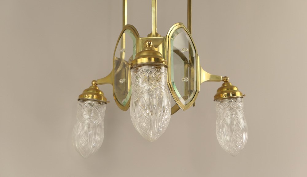 Art Deco Brass Chandelier with Lead Crystal Shades, 1920s