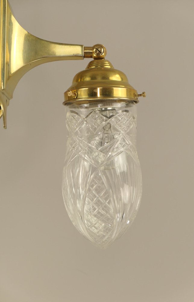 Art Deco Brass Chandelier with Lead Crystal Shades, 1920s