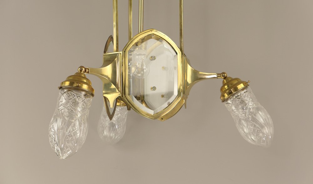 Art Deco Brass Chandelier with Lead Crystal Shades, 1920s