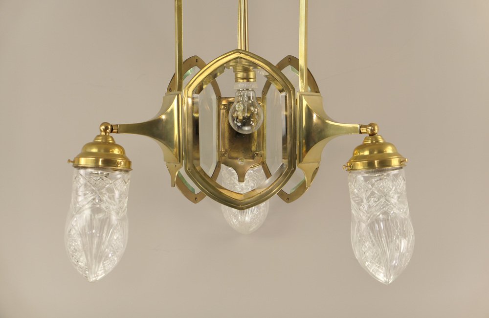 Art Deco Brass Chandelier with Lead Crystal Shades, 1920s