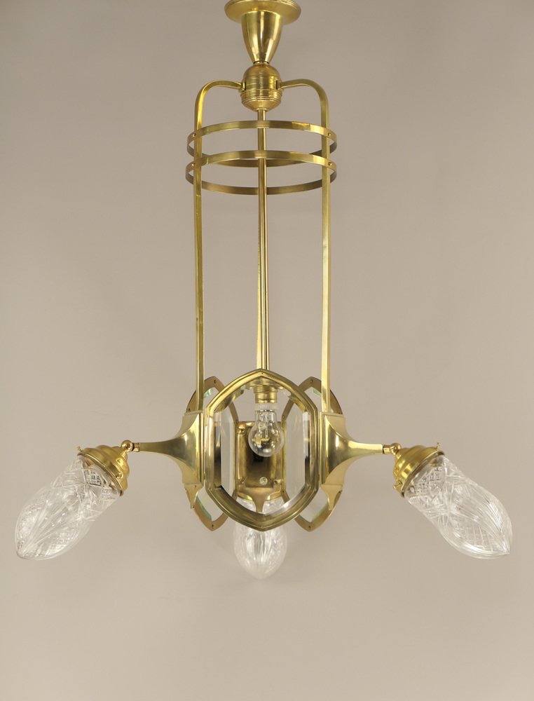 Art Deco Brass Chandelier with Lead Crystal Shades, 1920s