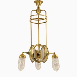 Art Deco Brass Chandelier with Lead Crystal Shades, 1920s-KDB-1823840