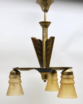 Art Deco Brass Chandelier with Three Arms & Glass Lampshades-MJY-1148975