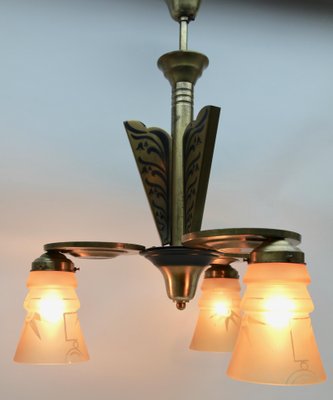 Art Deco Brass Chandelier with Three Arms & Glass Lampshades-MJY-1148975