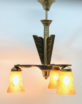 Art Deco Brass Chandelier with Three Arms & Glass Lampshades-MJY-1148975