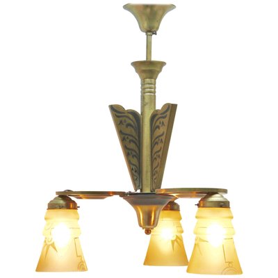 Art Deco Brass Chandelier with Three Arms & Glass Lampshades-MJY-1148975