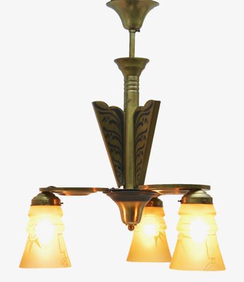 Art Deco Brass Chandelier with Three Arms & Glass Lampshades-MJY-1148975