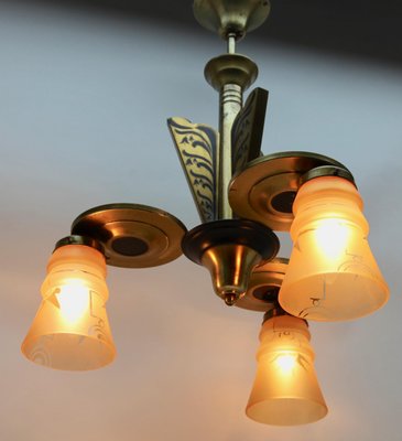 Art Deco Brass Chandelier with Three Arms & Glass Lampshades-MJY-1148975