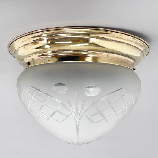 Art Deco Brass & Cut Glass Flush Mount, Former Czechoslovakia, 1920s