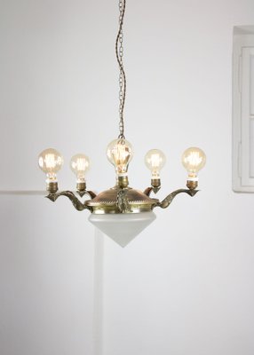 Art Deco Brass & Glass Chandelier-HGJ-1170117