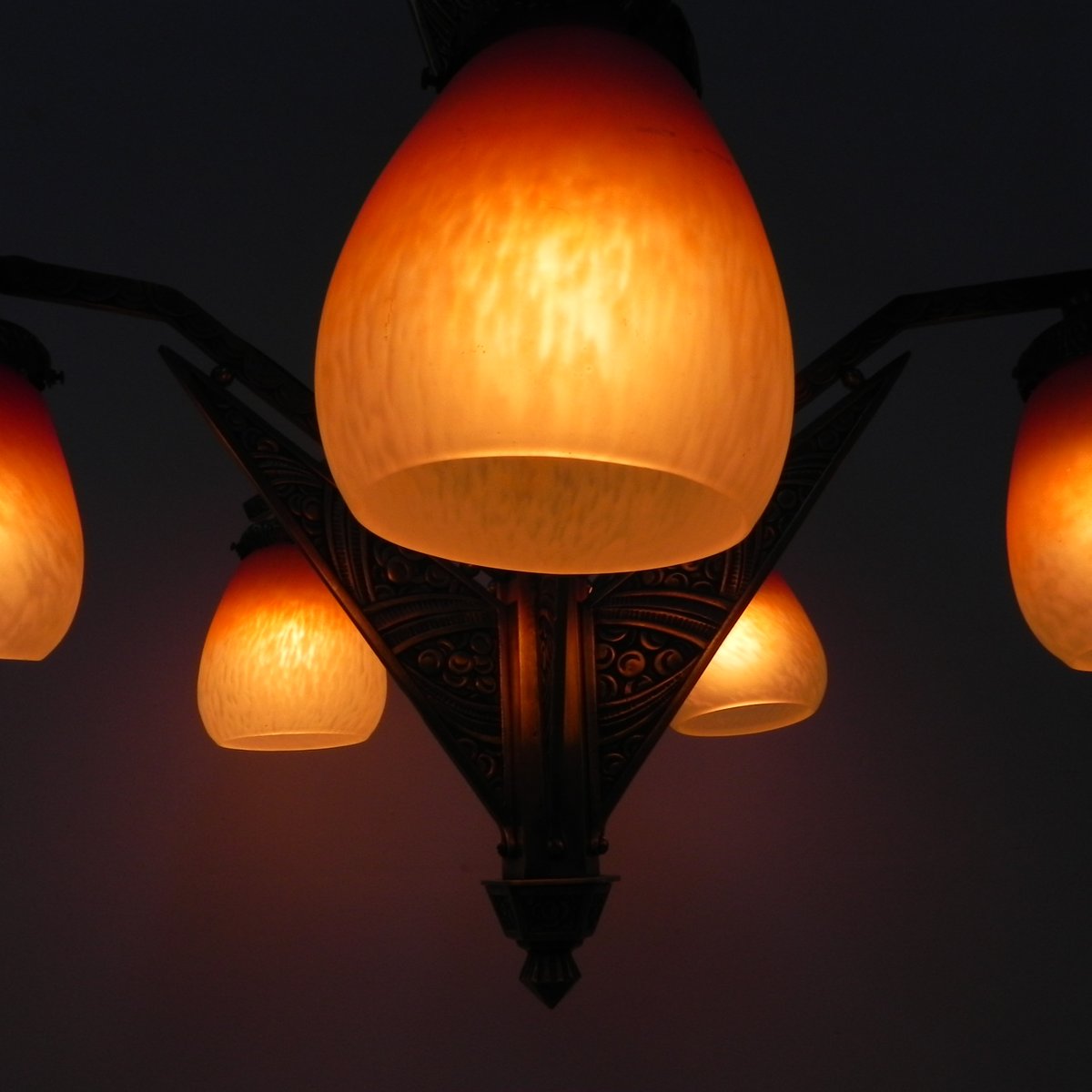 Art Deco Brass Hanging Lamp with 5 Pates De Verre Shades, 1930s