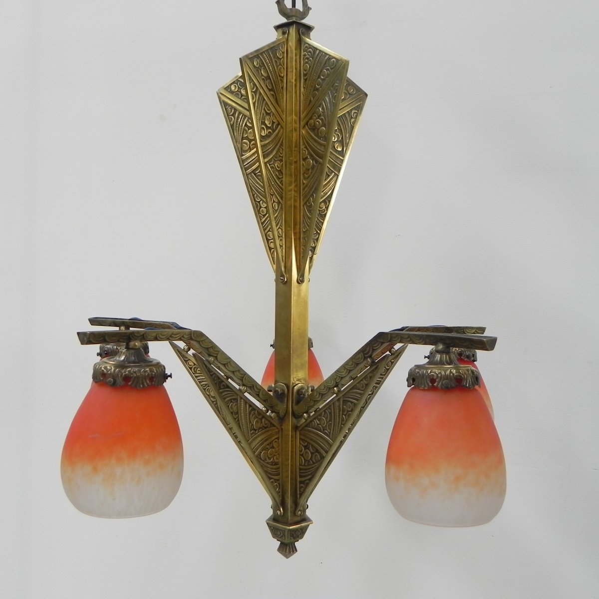 Art Deco Brass Hanging Lamp with 5 Pates De Verre Shades, 1930s