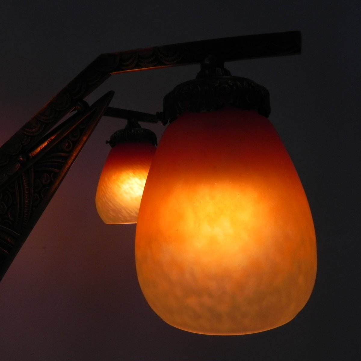 Art Deco Brass Hanging Lamp with 5 Pates De Verre Shades, 1930s