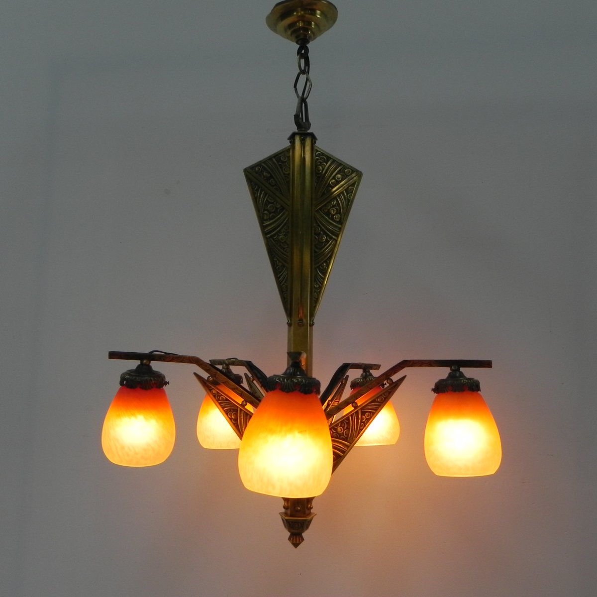 Art Deco Brass Hanging Lamp with 5 Pates De Verre Shades, 1930s