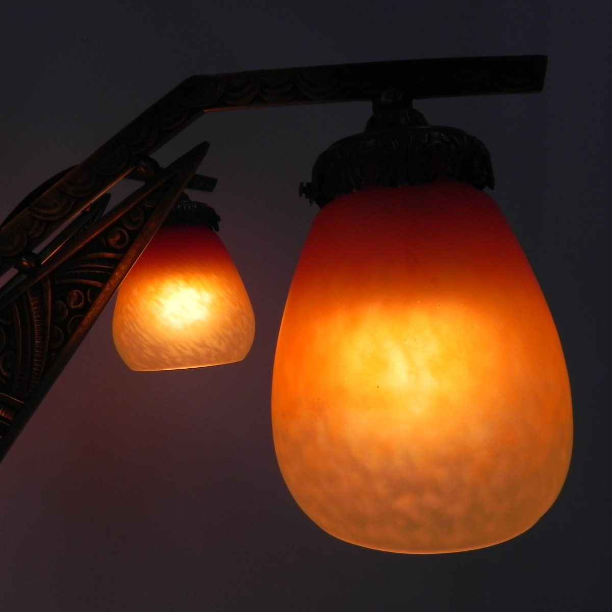 Art Deco Brass Hanging Lamp with 5 Pates De Verre Shades, 1930s