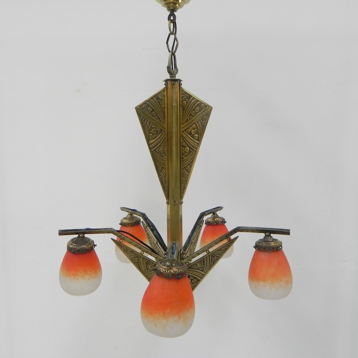 Art Deco Brass Hanging Lamp with 5 Pates De Verre Shades, 1930s