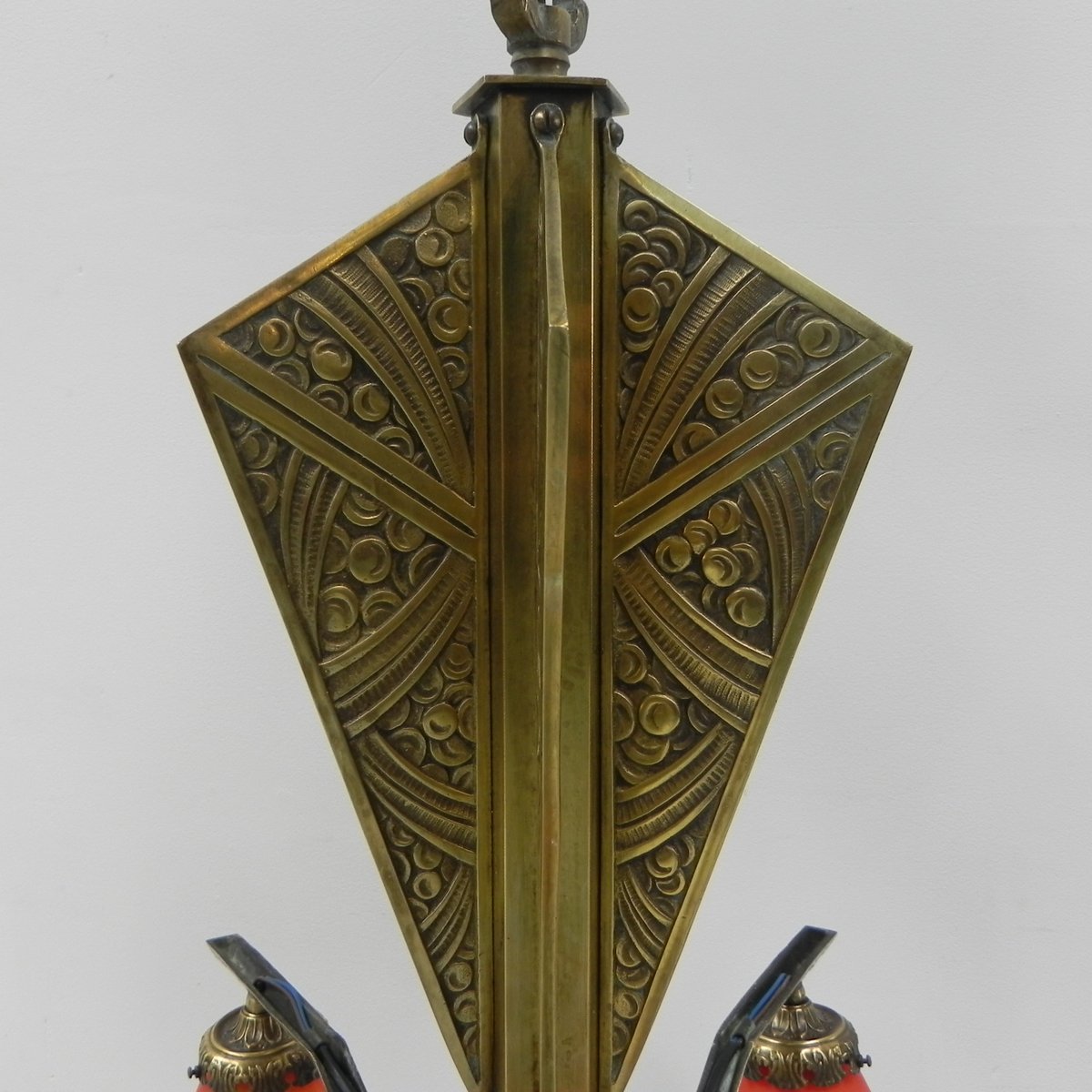 Art Deco Brass Hanging Lamp with 5 Pates De Verre Shades, 1930s