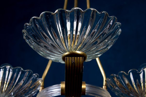 Art Deco Brass Mounted Murano Glass Chandelier attributed to Barovier, 1940s-MBH-1798551