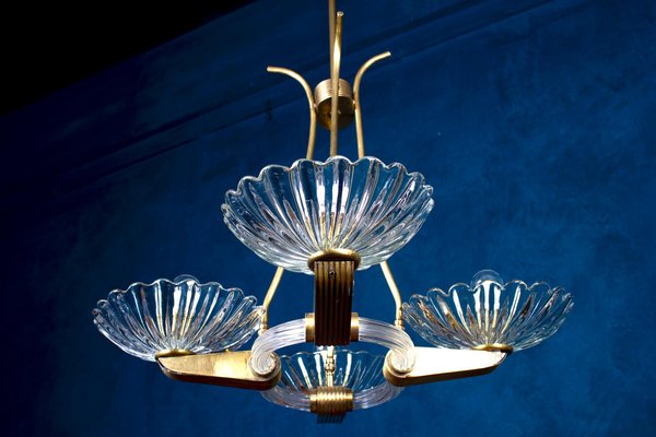 Art Deco Brass Mounted Murano Glass Chandelier attributed to Barovier, 1940s-MBH-1798551