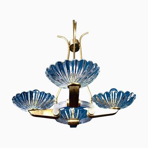 Art Deco Brass Mounted Murano Glass Chandelier attributed to Barovier, 1940s-MBH-1798551